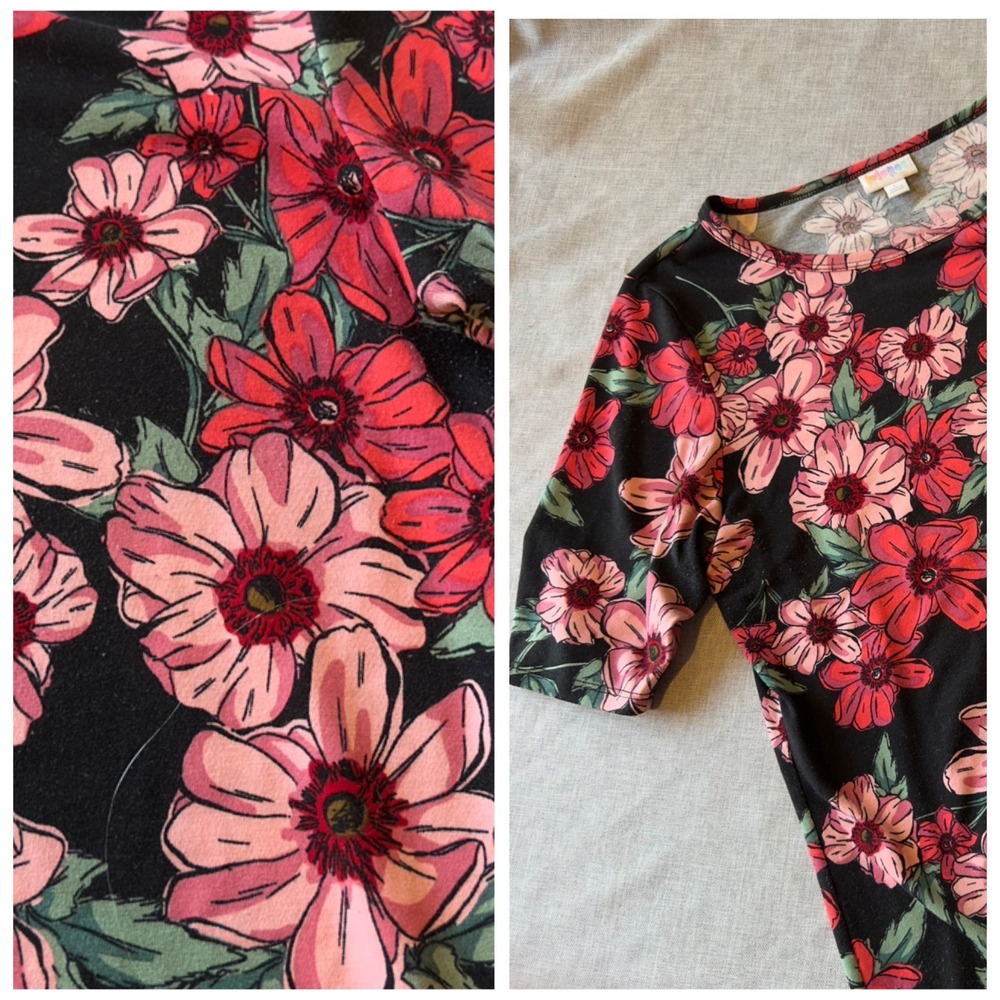 LuLaRoe L Classic T Bold Floral Short Sleeve Top Black Red Pink Cottage Casual - Picture 2 of 6
